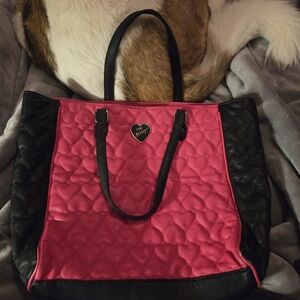 Betsy Johnson Heart-Quilted Pink and Black Tote